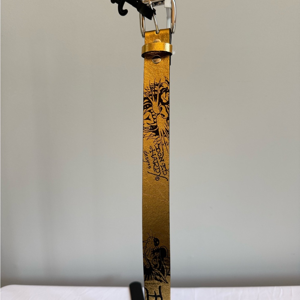 Ed Hardy Gold and Black Tattoo Print Leather Belt